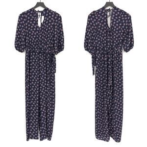 SUPERFOXX Belted 3/4 Sleeve Jumpsuit Floral Navy M